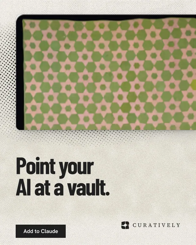 Instagram portrait post for Curatively: "Point your AI at a vault." Ink sticker style, bottom layout, light palette in orange, yellow, grey.