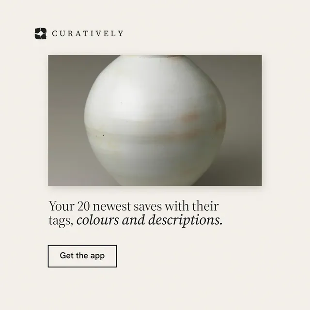 Instagram post for Curatively: "Your 20 newest saves with their tags, colours and descriptions." Editorial style, bottom layout, light palette in white, grey.
