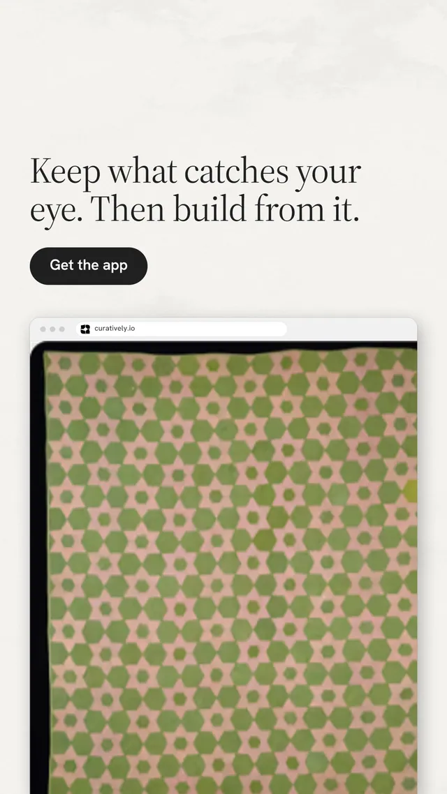 Instagram story for Curatively: "Keep what catches your eye. Then build from it." Data card style, browser layout, light palette in white, yellow.