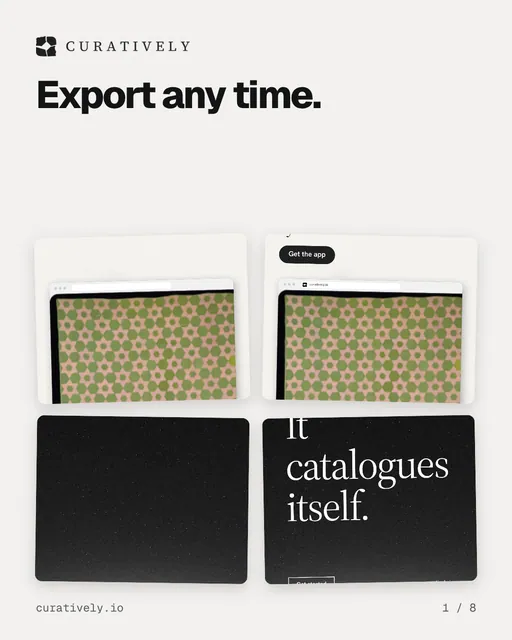 Carousel for Curatively: "Export any time.". Collection carousel, 8 slides, light palette.