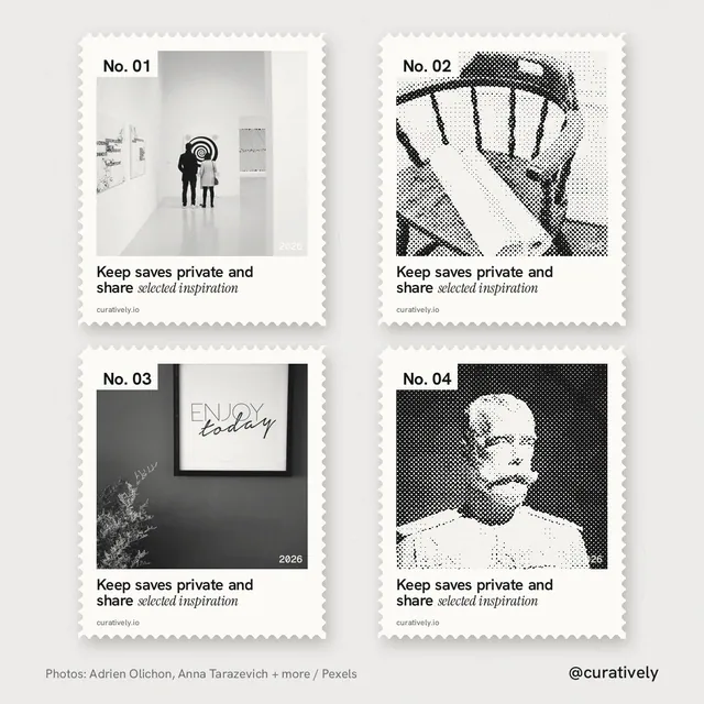 Instagram post for Curatively: "Keep saves private and share selected inspiration". Sheet style, technique:stamp series layout, light palette in white, grey.