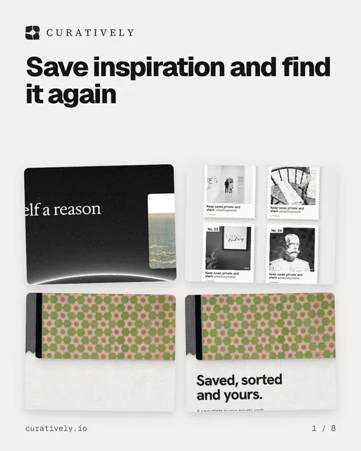 Carousel for Curatively: "Save inspiration and find it again". Collection carousel, 8 slides, light palette.