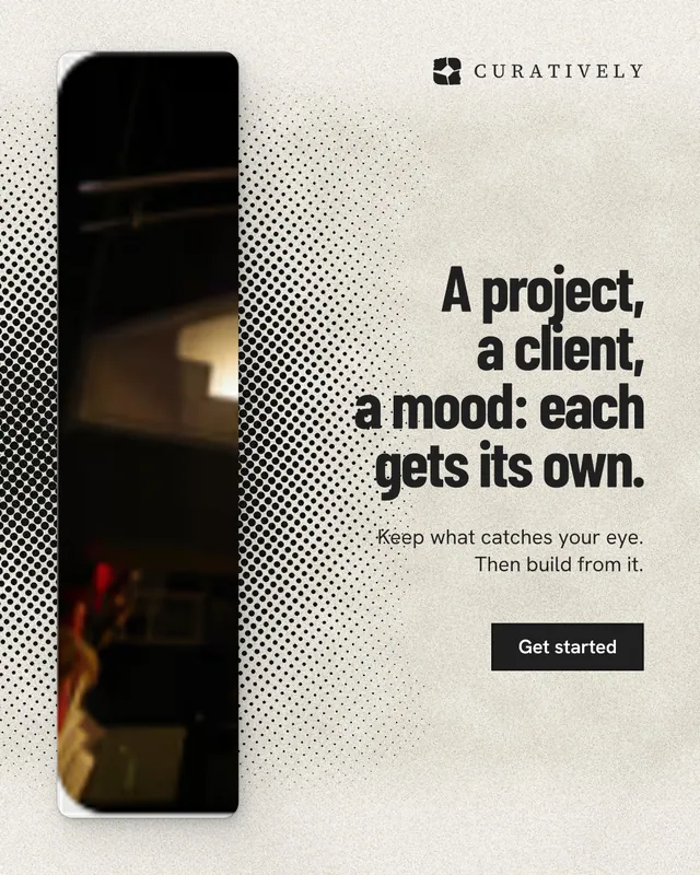 Instagram portrait post for Curatively: "A project, a client, a mood: each gets its own." Ink sticker style, right layout, light palette in white, black, grey.