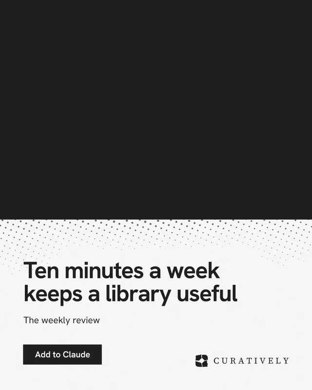 Instagram portrait post for Curatively: "Ten minutes a week keeps a library useful". Swiss style, bottom layout, light palette in black, white, grey.