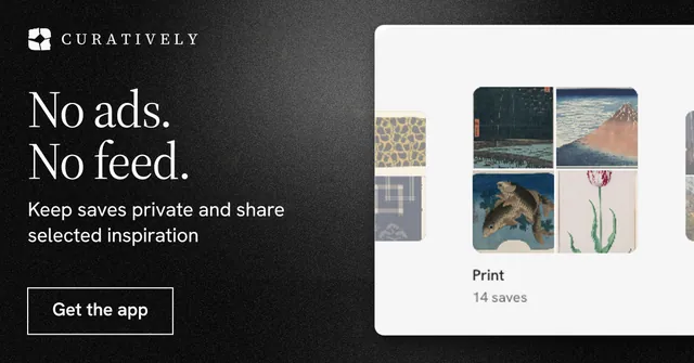 Social ad for Curatively: "No ads. No feed." Dark deco style, bottom layout, dark palette in black, white, grey.
