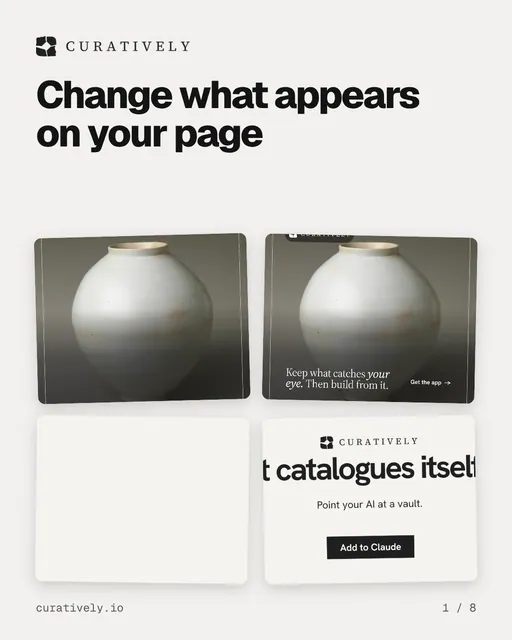 Carousel for Curatively: "Change what appears on your page". Collection carousel, 8 slides, light palette.