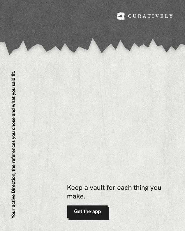 Instagram portrait post for Curatively: "Your active Direction, the references you chose and what you said fit." Paper trio style, vertical layout, light palette in white, grey.