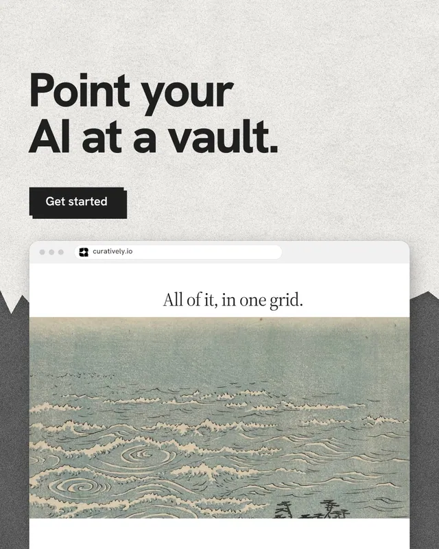 Instagram portrait post for Curatively: "Point your AI at a vault." Paper trio style, browser layout, light palette in white, grey.