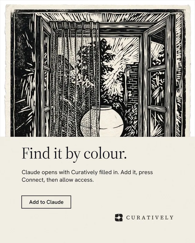 Instagram portrait post for Curatively: "Find it by colour." Editorial style, bottom layout, light palette in yellow, black, grey.