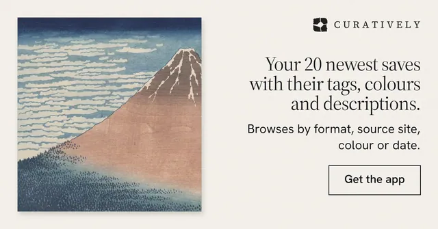 Social ad for Curatively: "Your 20 newest saves with their tags, colours and descriptions." Editorial style, right layout, light palette in grey, white.