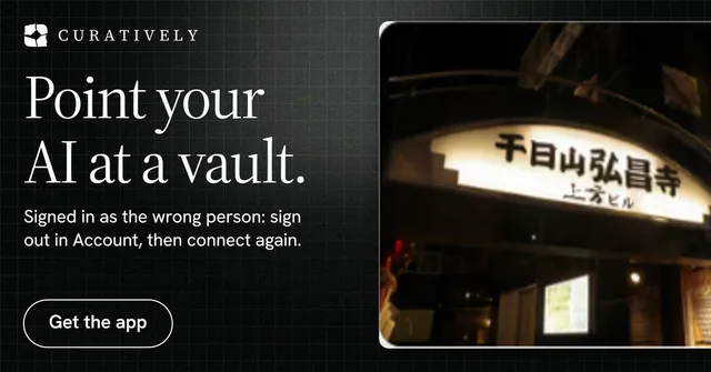 Social ad for Curatively: "Point your AI at a vault." Phosphor atlas style, bottom layout, dark palette in black, grey.