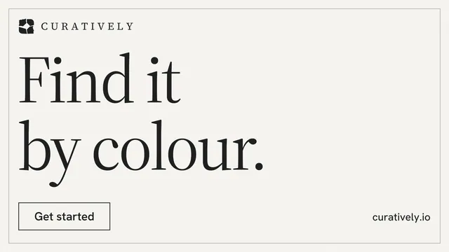 Landscape graphic for Curatively: "Find it by colour." Editorial style, poster layout, light palette in white, grey.