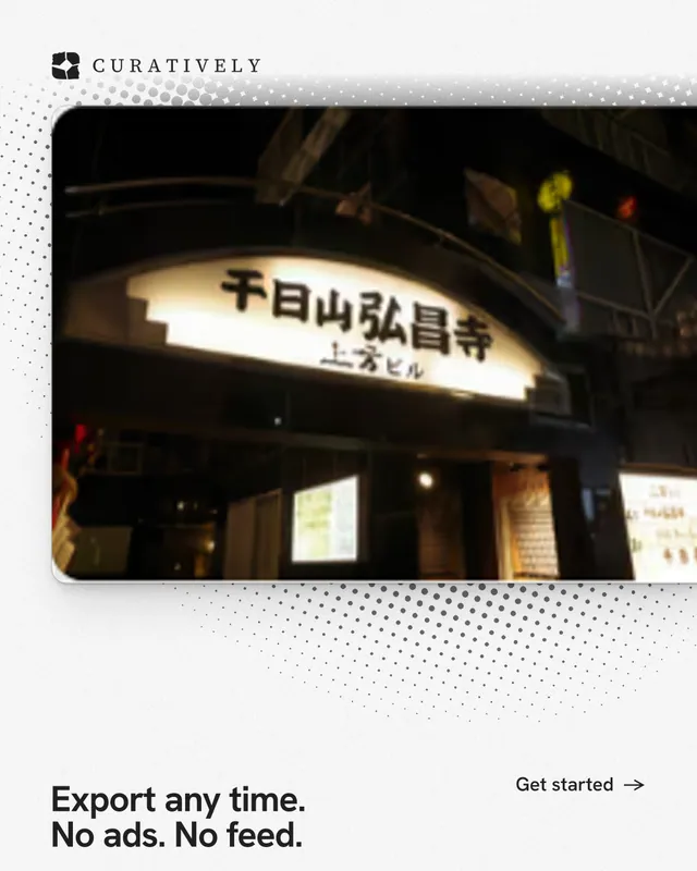 Instagram portrait post for Curatively: "Export any time. No ads. No feed." Swiss style, image led layout, light palette in black, white, grey.