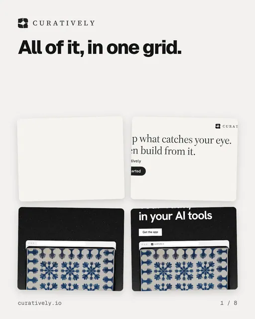 Carousel for Curatively: "All of it, in one grid.". Collection carousel, 8 slides, light palette.