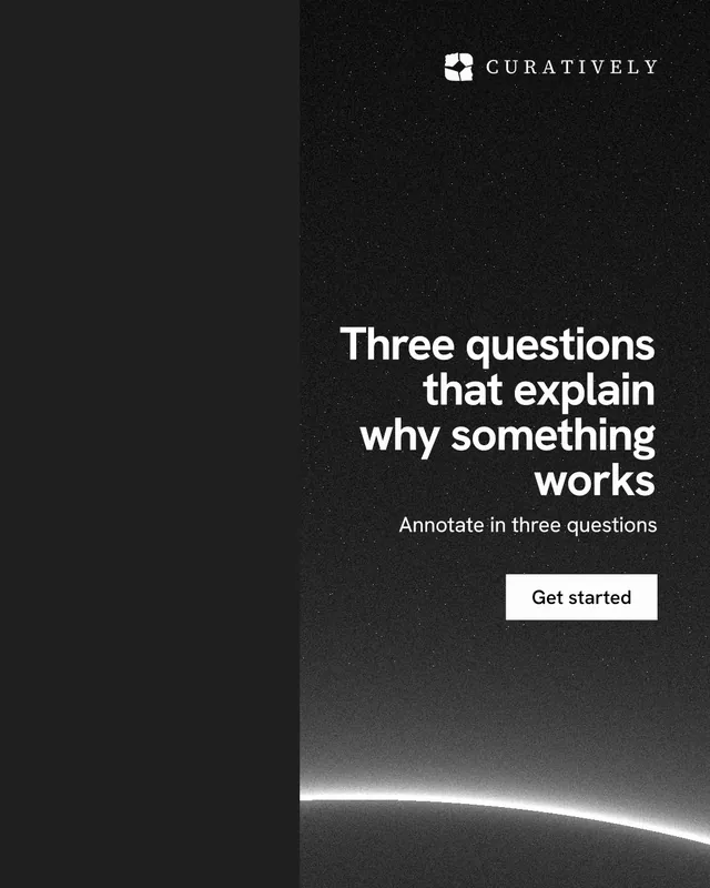 Instagram portrait post for Curatively: "Three questions that explain why something works". Swiss style, right layout, dark palette in black, grey.