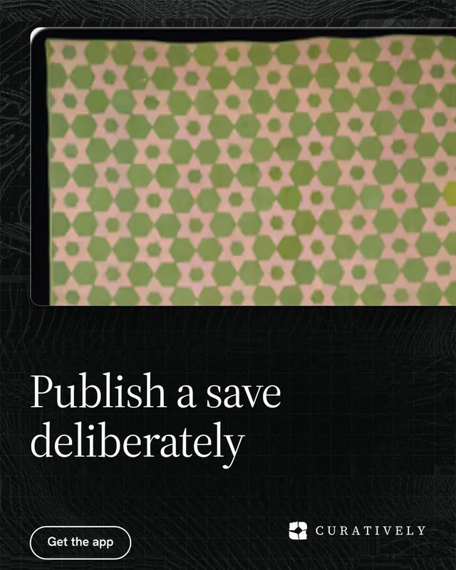 Instagram portrait post for Curatively: "Publish a save deliberately". Phosphor atlas style, bottom layout, dark palette in black, yellow, orange.