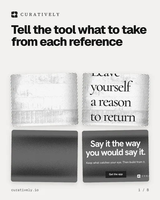 Carousel for Curatively: "Tell the tool what to take from each reference". Collection carousel, 8 slides, light palette.
