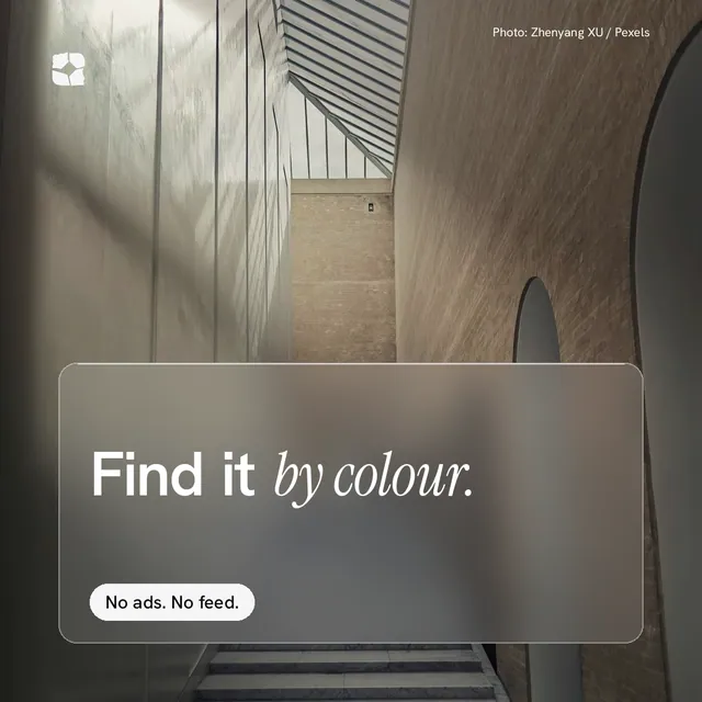 Instagram post for Curatively: "Find it by colour." Glass style, technique:pexels ingredient layout, dark palette in grey, black.