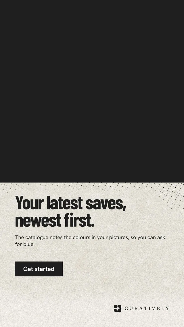 Instagram story for Curatively: "Your latest saves, newest first." Ink sticker style, bottom layout, dark palette in black, yellow.