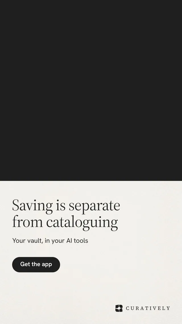 Instagram story for Curatively: "Saving is separate from cataloguing". Data card style, bottom layout, light palette in black, white.