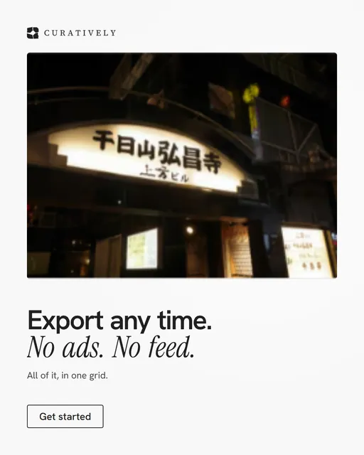 Video for Curatively: "Export any time. No ads. No feed.". Doc motion loop, 8.0 s, light palette.