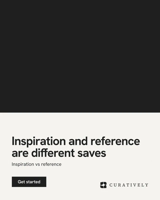 Instagram portrait post for Curatively: "Inspiration and reference are different saves". Swiss style, bottom layout, light palette in black, white, grey.