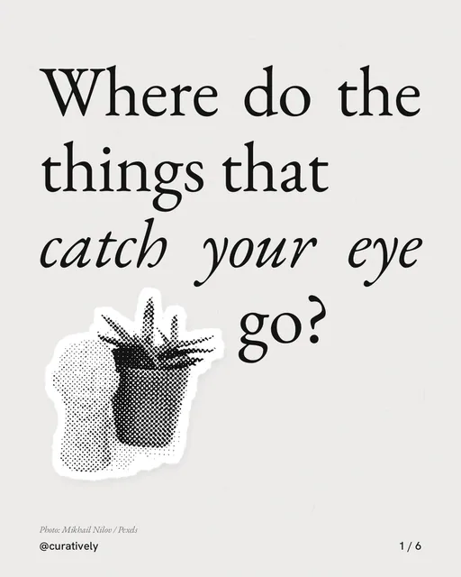 Carousel for Curatively: "Where do the things that catch your eye go?". Cutout essay, 6 slides, light palette.