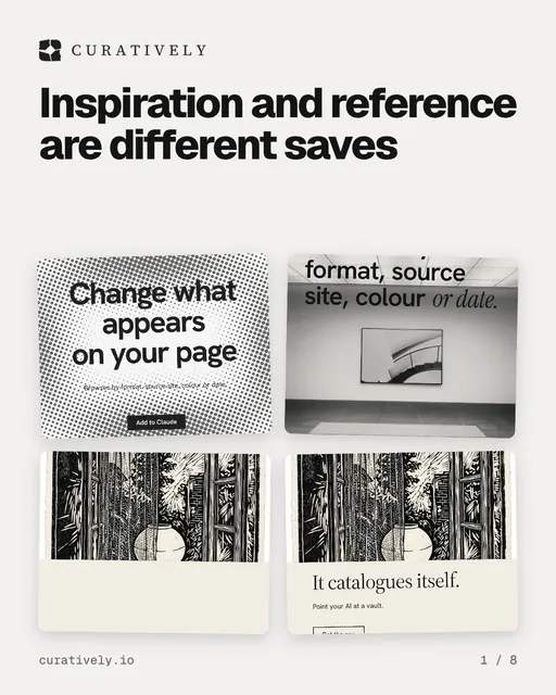Carousel for Curatively: "Inspiration and reference are different saves". Collection carousel, 8 slides, light palette.