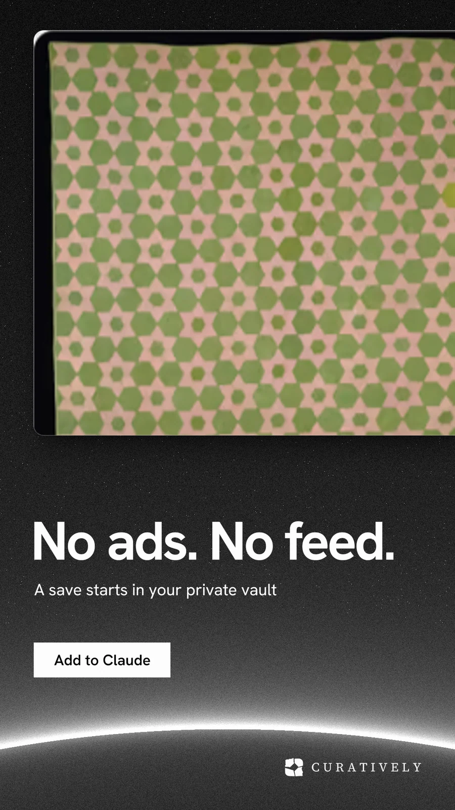 Instagram story for Curatively: "No ads. No feed." Swiss style, bottom layout, dark palette in yellow, orange, black.