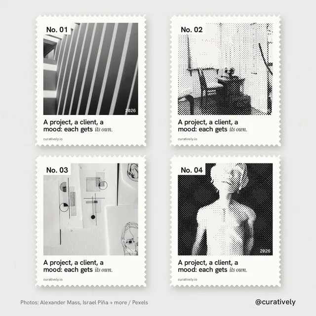 Instagram post for Curatively: "A project, a client, a mood: each gets its own." Sheet style, technique:stamp series layout, light palette in white, grey.