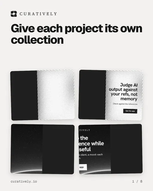 Carousel for Curatively: "Give each project its own collection". Collection carousel, 8 slides, light palette.
