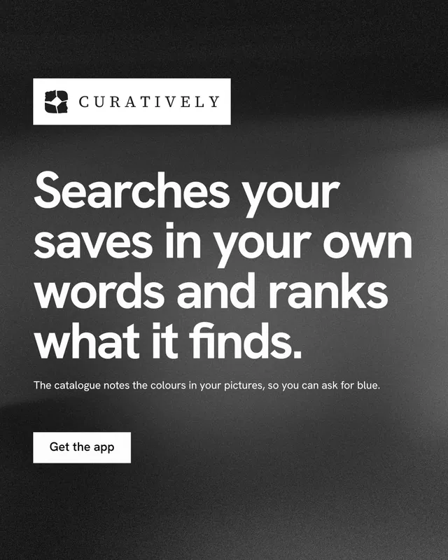 Instagram portrait post for Curatively: "Searches your saves in your own words and ranks what it finds." Swiss style, announce layout, dark palette in black, grey.