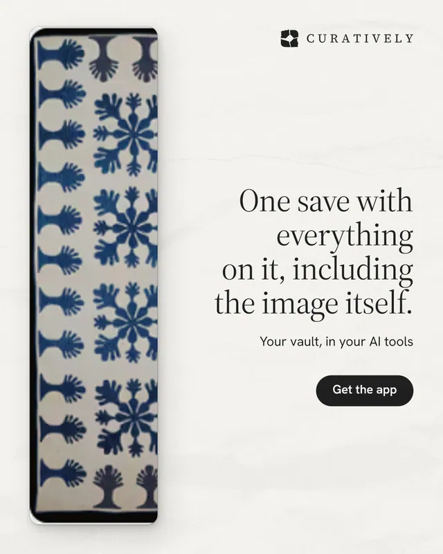 Instagram portrait post for Curatively: "One save with everything on it, including the image itself." Data card style, right layout, light palette in white, grey.