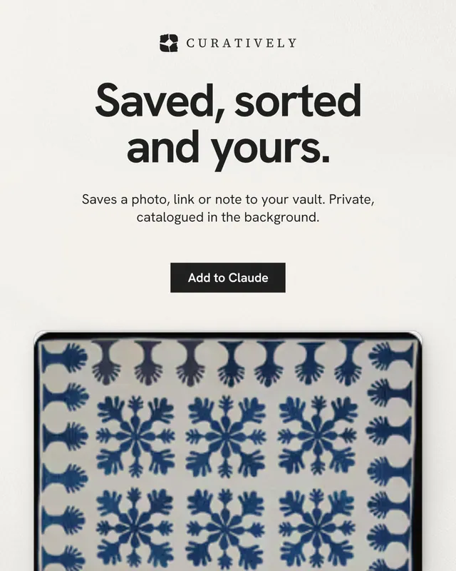 Instagram portrait post for Curatively: "Saved, sorted and yours." Swiss style, centred layout, light palette in white, grey.