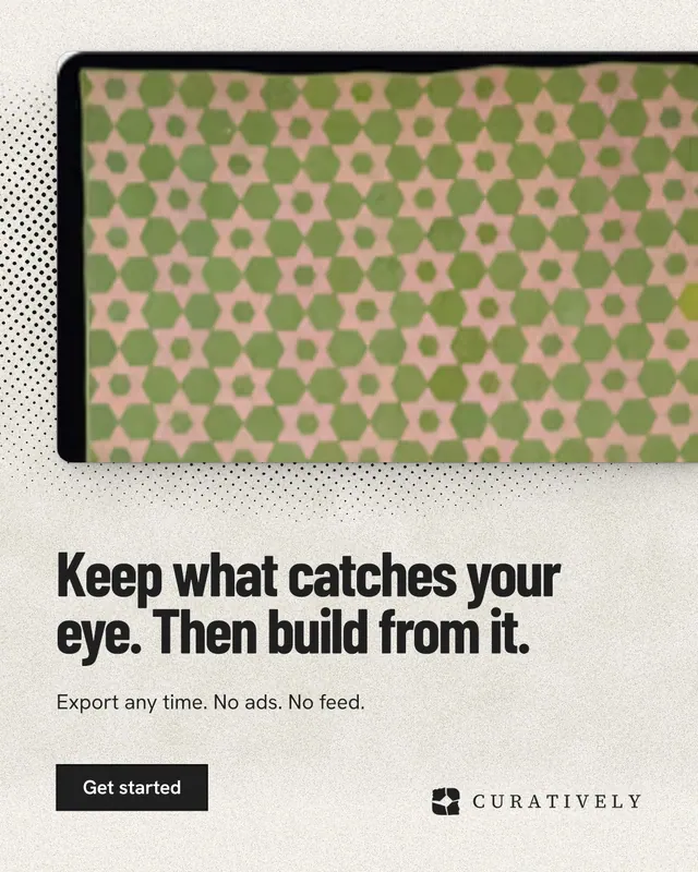 Instagram portrait post for Curatively: "Keep what catches your eye. Then build from it." Ink sticker style, bottom layout, light palette in yellow, grey, white.