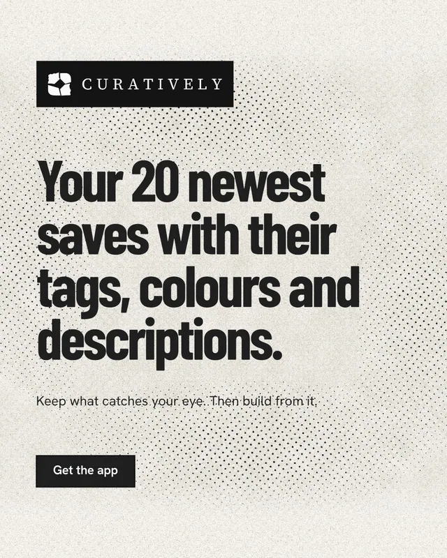Instagram portrait post for Curatively: "Your 20 newest saves with their tags, colours and descriptions." Ink sticker style, announce layout, light palette in white, grey, yellow.