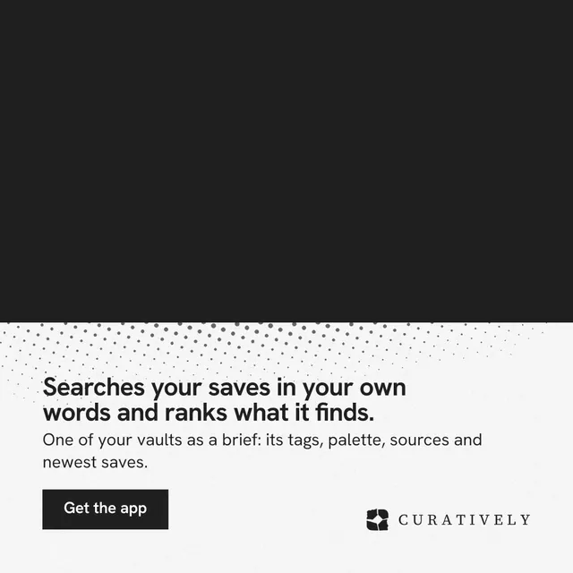 Instagram post for Curatively: "Searches your saves in your own words and ranks what it finds." Swiss style, bottom layout, light palette in black, white, grey.