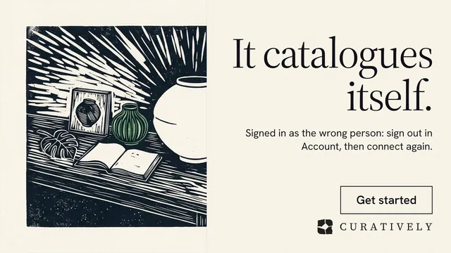 Landscape graphic for Curatively: "It catalogues itself." Editorial style, right layout, light palette in white, grey.
