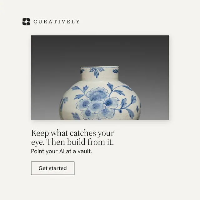 Instagram post for Curatively: "Keep what catches your eye. Then build from it." Editorial style, bottom layout, light palette in white, grey.