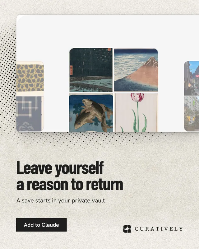 Instagram portrait post for Curatively: "Leave yourself a reason to return". Ink sticker style, bottom layout, light palette in yellow, white, grey.