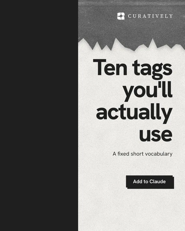 Instagram portrait post for Curatively: "Ten tags you'll actually use". Paper trio style, right layout, light palette in black, white, grey.