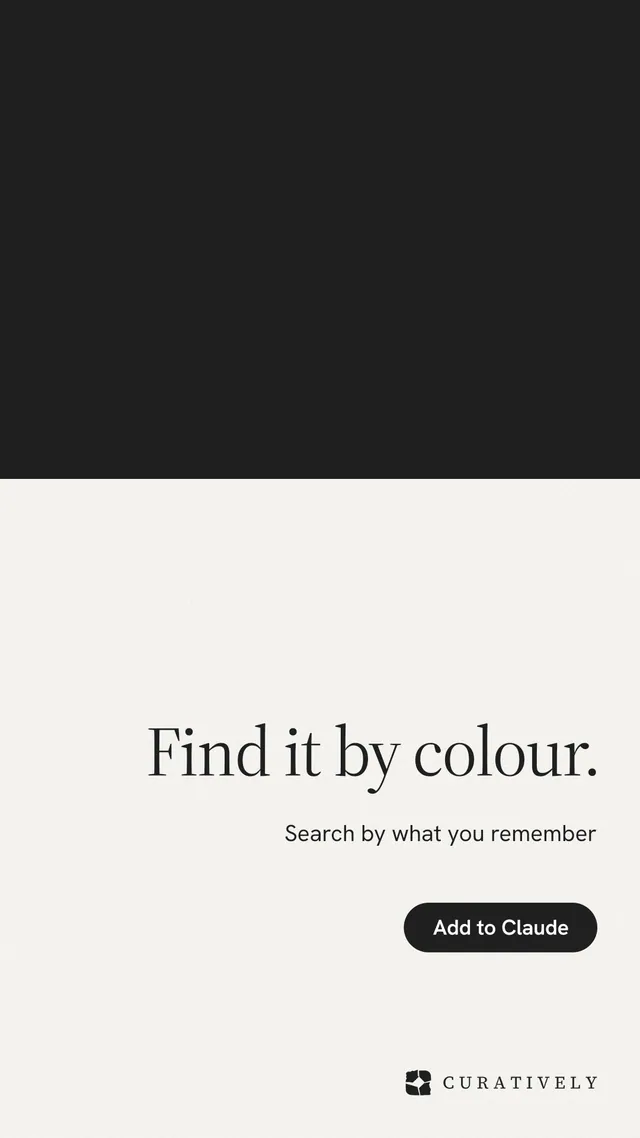 Instagram story for Curatively: "Find it by colour." Data card style, right layout, light palette in white, black.