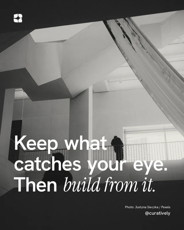Instagram portrait post for Curatively: "Keep what catches your eye. Then build from it." Duotone style, technique:pexels ingredient layout, light palette in black, grey.