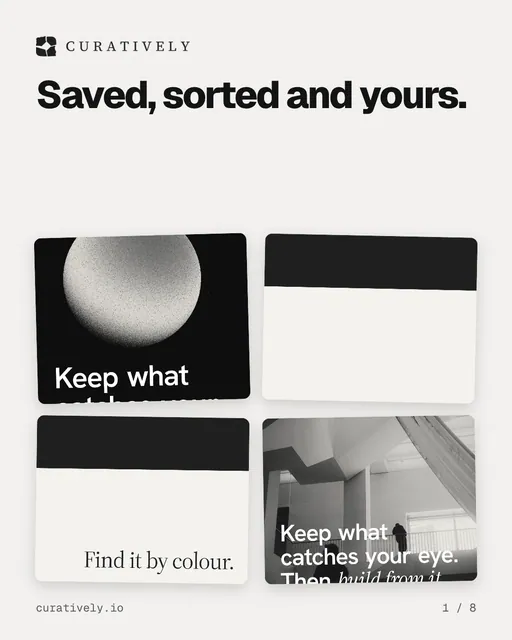 Carousel for Curatively: "Saved, sorted and yours.". Collection carousel, 8 slides, light palette.