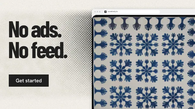 Landscape graphic for Curatively: "No ads. No feed." Ink sticker style, browser layout, light palette in blue, grey, yellow.