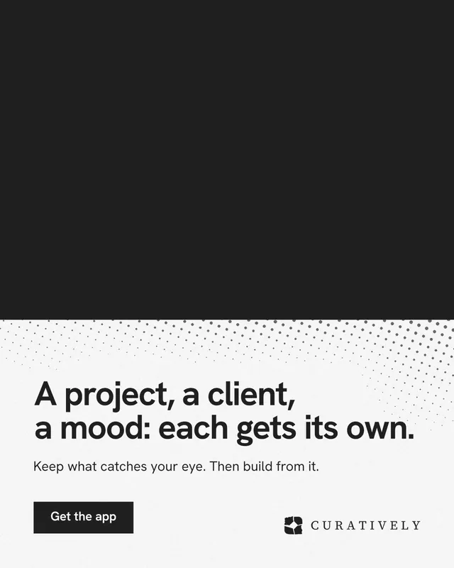 Instagram portrait post for Curatively: "A project, a client, a mood: each gets its own." Swiss style, bottom layout, light palette in black, white, grey.