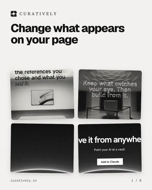 Carousel for Curatively: "Change what appears on your page". Collection carousel, 8 slides, light palette.