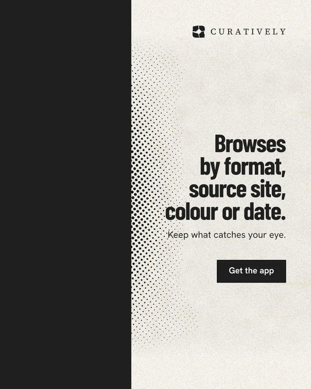 Instagram portrait post for Curatively: "Browses by format, source site, colour or date." Ink sticker style, right layout, light palette in black, yellow, white.