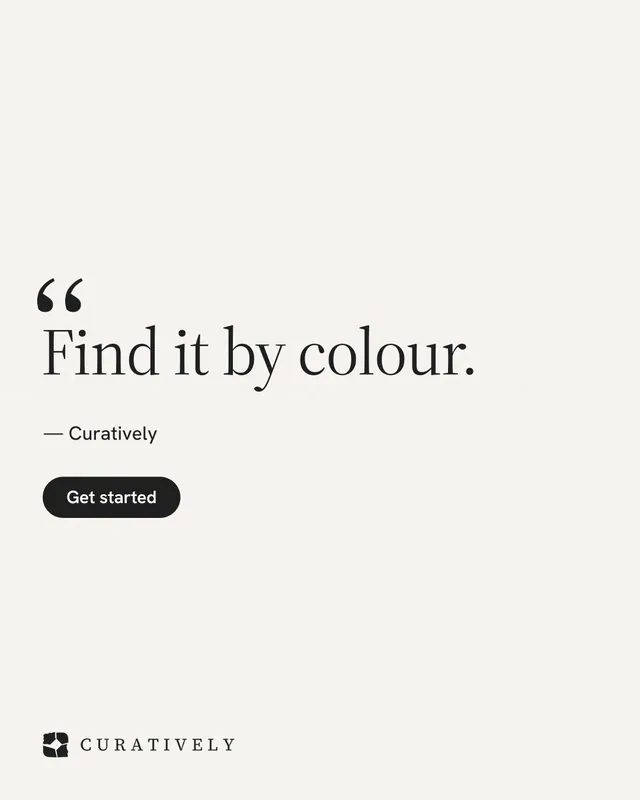 Instagram portrait post for Curatively: "Find it by colour." Data card style, quote layout, light palette in white.