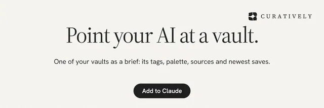 X header for Curatively: "Point your AI at a vault." Data card style, centred layout, light palette in white.